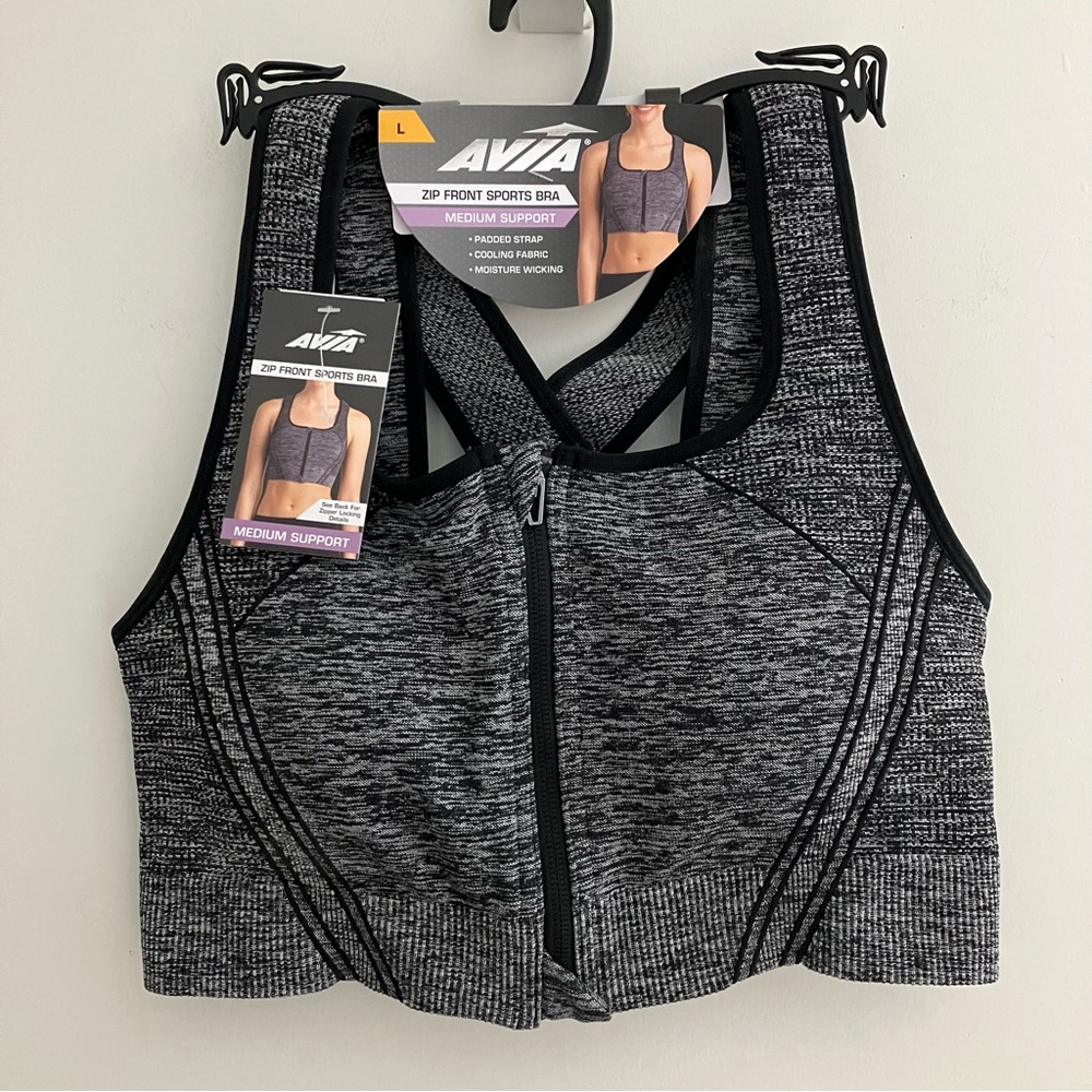 Avia zip front sports bra medium support heather grey & black size L